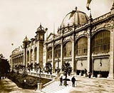 old photos of paris, Palace of Fine Arts, as seen from the side, with a hot air balloon in the distance, Paris Exposition, 1889