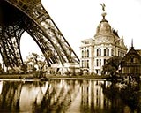 paris photos, Gas Pavilion and Swedish chalet at right, section of Eiffel Tower at left, Paris Exposition, 1889