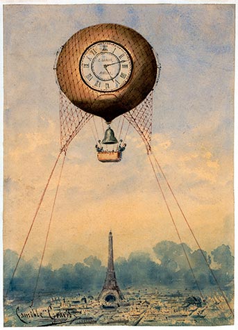 Captive balloon, clock face, bell, floating, Eiffel Tower, Camille Gr&aacute;vis, , paris