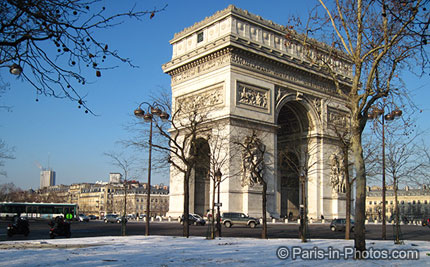 paris in snow, champs elysee, arc de triumph